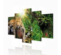 decomonkey - Impression sur Toile Intissé Jaguar 100x50 5 Pièces - Tableau Décoration Appartement Cadre en Bois Photo Déco Salon Peinture sur Toile Maison Jungle nature rivière soleil animaux