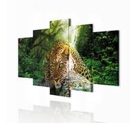 decomonkey - Impression sur Toile Intissé Leopard Animau 200x100 5 Pièces - Tableau Décoration Appartement Cadre en Bois Photo Déco Salon Peinture sur Toile Maison Arbres forêt feuilles animaux