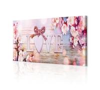 decomonkey - Impression sur Toile Intissé Love 120x40 1 Pièce - Tableau Décoration Appartement Cadre en Bois Déco Salon Peinture sur Toile Maison Inscriptions en anglais amour fleurs bois coloré
