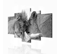 decomonkey - Impression sur Toile Lion Afrique 100x50 5 Pièces - Tableau Décoration Appartement Cadre en Bois Déco Salon Peinture sur Toile Les lions aiment la nature couple embrasser romantique