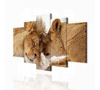 decomonkey - Impression sur Toile Lion Afrique 150x75 5 Pièces - Tableau Décoration Appartement Déco Salon Les lions bruns aiment la nature couple embrasser les animaux romantiques