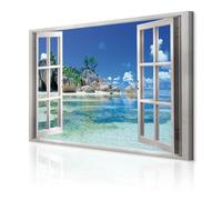 decomonkey - Impression sur Toile Mer Nature Fenetre 60x40 1 Pièce - Tableau Décoration Appartement Déco Salon Peinture sur Toile Paysage été mer nature ciel plage vue depuis la fenêtre