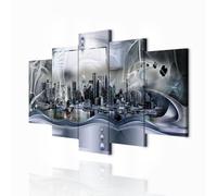 decomonkey - Impression sur Toile New York 100x50 5 Pièces - Tableau Décoration Appartement Déco Salon Peinture sur Toile Abstraction architecture ville bleu new york usa gratte-ciel