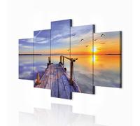 decomonkey - Impression sur Toile Paysage 100x50 5 Pièces - Tableau Décoration Appartement Cadre en Bois Déco Salon Peinture sur Toile Lac paysage nature ciel coucher de soleil oiseaux soleil