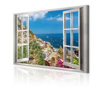 decomonkey - Impression sur Toile Paysage Nature 90x60 1 Pièce - Tableau Décoration Appartement Déco Salon Peinture sur Toile Architecture paysage ville vue mer depuis la fenêtre italie