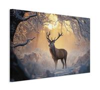 decomonkey Impression sur Toile Un renne dans la forêt 90 x 60 cm 1 Pièce - Tableau Décoration Appartement Cadre en Bois Photo Déco Noël Renne Hiver Beige
