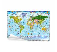 decomonkey - Papier Peint Adhésif Enfants Carte du Monde 294x210 cm - Jaune bleu marron - Pour les enfants drapeaux colorés continents cartes plantes monde animaux enfant d'âge préscolaire