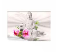 decomonkey - Papier Peint Panoramique Adhésif Bouddha Orient 392x280 cm - Stickers Muraux Chambre Autocollant - Rouge gris rose vert - Asie bouddha bouddhisme pierre fleurs orchidées orienter zen