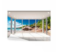 decomonkey - Papier Peint Panoramique Adhésif Plage Mer 343x256 cm - Stickers Muraux Autocollant - Bleu marron jaune gris - Architecture mer nature palmiers paysage plantes vue depuis la fenêtre