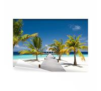 decomonkey - Papier Peint Panoramique Adhésif Plage Mer 441x315 cm - Stickers Muraux Chambre Déco Autocollant - Beige vert bleu turquoise - Bois arbres paysage mer ciel palmiers îles tropicales