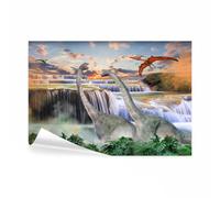 decomonkey - Papier Peint Panoramique Animaux 350x256 cm - Décoration murale - Tapisserie décorative pour chambre salon - Chambre d'enfant reptiles dinosaures ptérodactyle diplodocus cascade