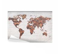decomonkey - Papier Peint Panoramique carte du monde 300x210 cm - Décoration murale - Tapisserie pour chambre salon - Cartes des continents en brique blanche fond de texture du monde orange