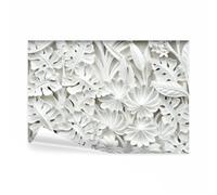 decomonkey - Papier Peint Panoramique Feuilles 3d 150x105 cm - Décoration murale - Tapisserie décorative pour chambre salon - Fleurs en pierre motif blanc feuilles fond de texture romantique