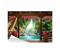 decomonkey - Papier Peint Panoramique Paysage 350x256 cm - Décoration murale moderne - Tapisserie décorative pour chambre salon - Bois paysage fleurs nature palmiers plantes tropical