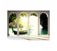 decomonkey - Papier Peint Panoramique Paysage Nature 400x280 cm - Décoration murale moderne - Tapisserie décorative pour chambre salon - Falaise colonnes paysage bateaux mer océan roches