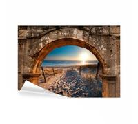 decomonkey - Papier Peint Panoramique Plage Mer 300x210 cm - Décoration murale moderne - Tapisserie décorative pour chambre salon - Architecture pierre mer sable plage soleil