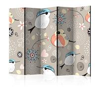 decomonkey Paravent décoratif intérieur la Chambre des Enfants 225x172 cm | Cloison de séparation imprimée sur Toile, Paravent en Bois, seul côté, Beige Marron Noir Fleurs Nature Oiseaux Animaux