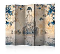 decomonkey - Paravent décoratif intérieur Oriental 225x172 cm - Cloison de séparation imprimée sur Toile - Paravent en Bois - Bleu Beige - Asie Bouddha Bouddhisme Feng Shui Magnolias Orient Zen