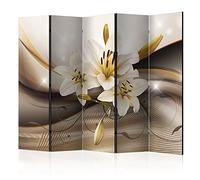 decomonkey - Paravent décoratif intérieur Oriental 225x172 cm - Cloison de séparation imprimée sur Toile - Paravent en Bois - Vert Gris Marron - Abstraction Lueur Brun Fleurs lys Ornements Plantes