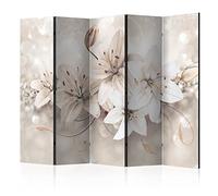 decomonkey Paravent décoratif intérieur Oriental Gris Marron 225x172 cm | Cloison de séparation, Paravent en Bois, seul côté, Beige Éclat Diamants Fleurs lys Nature Ornements Plantes lumière