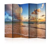 decomonkey Paravent décoratif intérieur Paysage Marron Bleu Gris 225x172 cm | Cloison de séparation, Paravent en Bois, deux côtés, Nuages Vagues mer Nature Ciel Plage Lever du Soleil