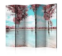 decomonkey Paravent décoratif intérieur Paysage Marron Gris 225x172 cm | Cloison de séparation imprimée sur Toile, Paravent Original en Bois, seul côté, Beige des Arbres lac Pastel Amour l'eau