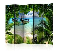 decomonkey Paravent décoratif intérieur Paysage Vert Bleu 225x172 cm | Cloison de séparation imprimée sur Toile, Paravent Original en Bois, deux côtés, Bateaux mer Ciel Palmiers Plantes Eau îles