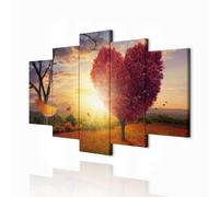 decomonkey - Tableau Acoustique Campagne 200x100 5 Pièces - Impression sur Toile Décoration Déco Bureau Bois arbres fleurs prairie forêt feuilles amour nature paysage plantes coeurs soleil