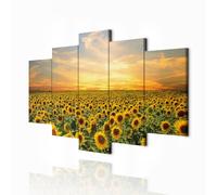 decomonkey - Tableau Acoustique Fleur 100x50 5 Pièces - Impression sur Toile Décoration Maison Isolation Phonique Déco Bureau Photographie paysage champs fleurs nature tournesols lever du soleil