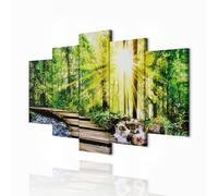 decomonkey - Tableau Acoustique Foret 200x100 5 Pièces - Impression sur Toile Décoration Maison Isolation Peinture Image Phonique Déco Bureau Bois des arbres forêt rivière l'eau vert