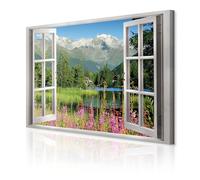 decomonkey - Tableau Acoustique Nature Fenetre 120x80 1 Pièce - Impression sur Toile Décoration Isolation Phonique Déco Bureau Arbres montagnes lac paysage nature plantes vue depuis la fenêtre
