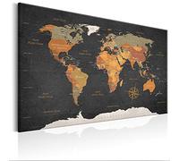 decomonkey Tableau d'broches à la carte du monde en toile avec 50 broches - 90x60 cm - Lettrage anglais - sur fond noir décoration muraleCarte de voyage à brochespour le salon, le bureau