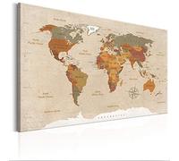 decomonkey Tableau d'broches à la carte du monde en toile avec 50 broches - 90x60 cm - Lettrage anglais - sur fond beige décoration muraleCarte de voyage à brochespour le salon, le bureau