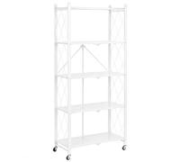 Deconation Bibliothèque Métallique Pliable 5 Niveaux à roulettes - Blanc - Rangement Pratique 71,5 X 30,5 X H 163 Cm