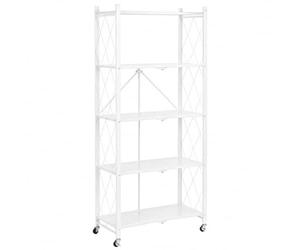 Deconation Bibliothèque Métallique Pliable 5 Niveaux à roulettes - Blanc - Rangement Pratique 71,5 X 30,5 X H 163 Cm