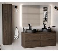 Deconation Ensemble Complet Salle De Bain 120 Cm + Plateau + Double Vasques Noires + Miroir + Colonne - Caldera Foncé
