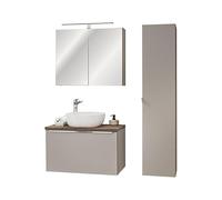 Deconation Ensemble Complet Salle De Bain - sous-Vasque Fermé 80cm + Vasque + Cabinet Miroir LED + Colonne - Taupe Et Chrome - Rosario