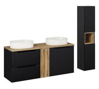 Deconation Ensemble Meuble Salle De Bain 140 Cm + 2 Vasques à Poser + Plateau + Colonne - 3 Portes + 2 Tiroirs - Astral Black