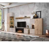 Deconation Ensemble Meuble TV Catalina avec Cheminée Bioéthanol Et Vitrine LED - Bois MDF Cachemire Et Chêne Viking - 320 X 197 X 45 Cm
