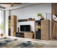 Deconation Ensemble Meuble TV Mural Aron avec Vitrine Et éclairage LED - Bois MDF Noir Mat Et Chêne Ribbeck - 320 X 192 X 45 Cm