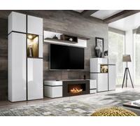 Deconation Ensemble Meuble TV Mural Cross avec Cheminée Bioéthanol Et LED - Bois MDF Blanc Brillant Et Orme Perla - 330 X 195 X 50 Cm