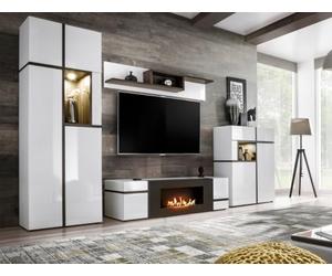 Deconation Ensemble Meuble TV Mural Cross avec Cheminée Bioéthanol Et LED - Bois MDF Blanc Brillant Et Orme Perla - 330 X 195 X 50 Cm
