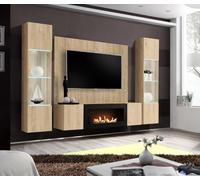 Deconation Ensemble Meuble TV Mural Fly M-p3 avec Cheminée Bioéthanol Et Vitrine LED - Bois MDF Chêne Hickory Jackson - 240 X 170 X 40 Cm
