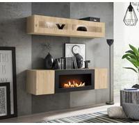 Deconation Ensemble Meuble TV Mural Fly N2 avec Cheminée Bioéthanol Et Vitrine LED - Bois MDF Chêne Hickory Jackson - 160 X 150 X 40 Cm
