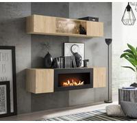 Deconation Ensemble Meuble TV Mural Fly N3 avec Cheminée Bioéthanol Et Vitrine LED - Bois MDF Chêne Hickory Jackson - 160 X 150 X 40 Cm