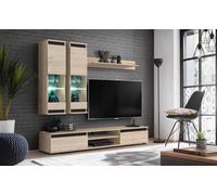 Deconation Ensemble Meuble TV Mural Modo avec Vitrine - Bois MDF Noir Et Chêne Hickory Jackson - 175 X 150 X 37 Cm