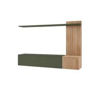 Deconation Ensemble Meuble TV Mural Solo - Bois MDF Chêne Hickory Jackson Et Décor Vert - 180 X 130 X 40 Cm