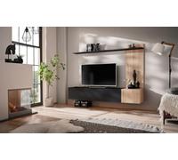 Deconation Ensemble Meuble TV Mural Solo - Bois MDF Noir Et Chêne Hickory Jackson - 180 X 130 X 40 Cm