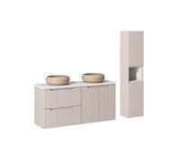 Deconation Ensemble Salle De Bain Meuble Double Vasques + Plateau Blanc 120 Cm + Colonne - A Portes + Tiroirs - Astral Beige