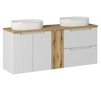 Deconation Ensemble Salle De Bain Meuble Double Vasques + Plateau Effet Chêne 140 Cm - A Portes + Tiroirs - Astral Blanc